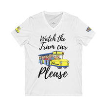 Load image into Gallery viewer, Watch The Tramcar Please Unisex Jersey V-Neck Tee