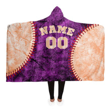Load image into Gallery viewer, Personalized Baseball Hooded Blanket Purple and Coral