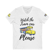 Load image into Gallery viewer, Watch The Tramcar Please Unisex Jersey V-Neck Tee

