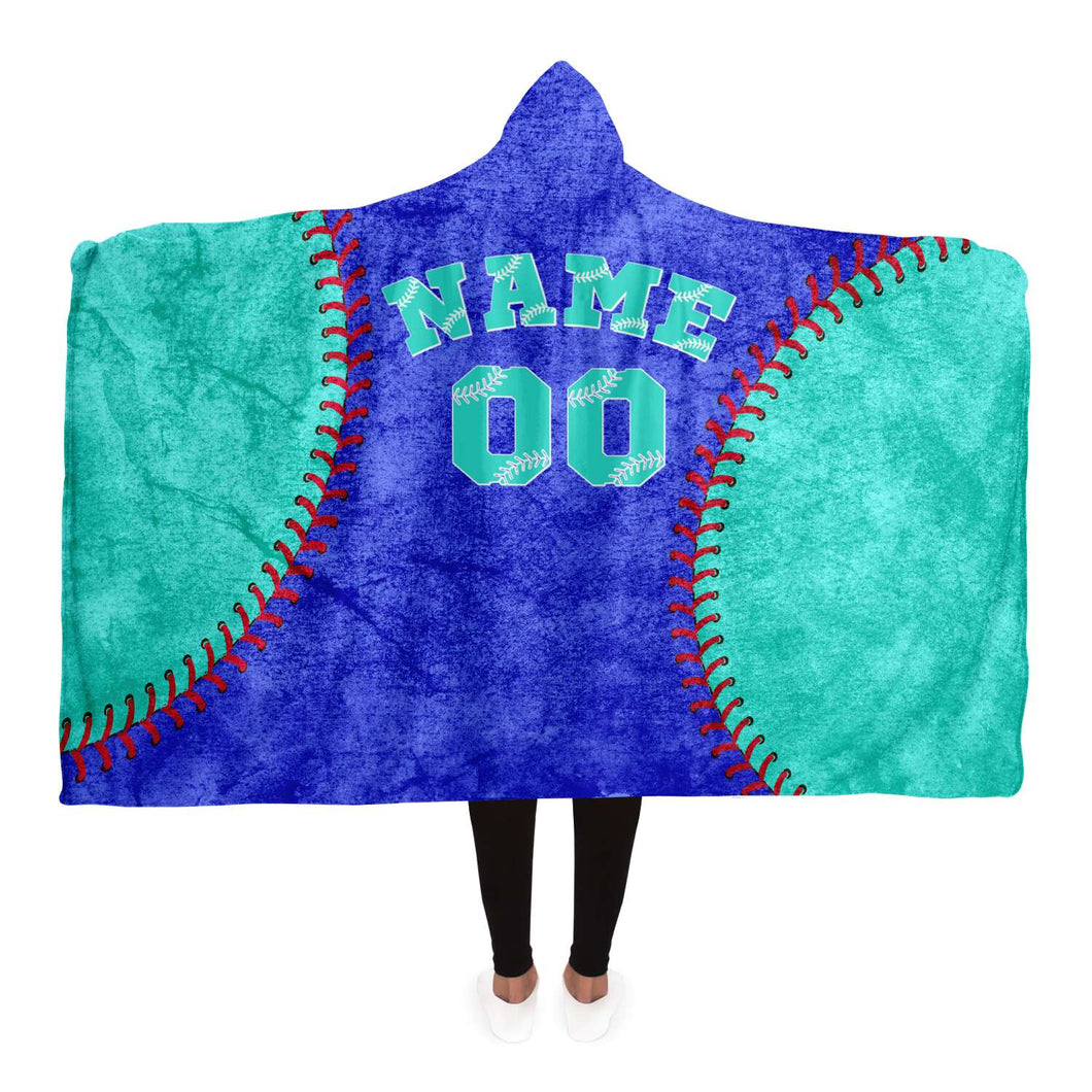 Personalized Baseball Hooded Blanket Blue and Turquoise