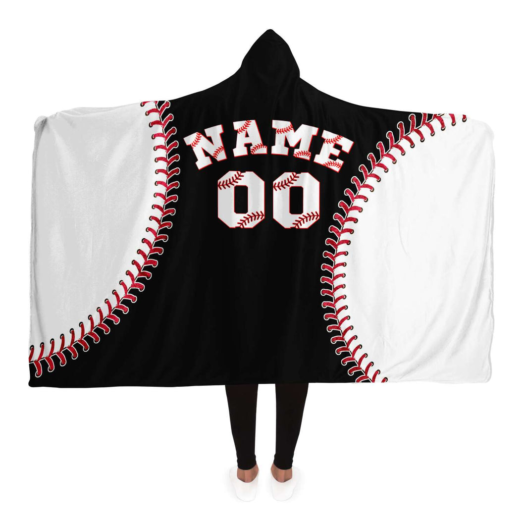 Personalized Baseball  Hooded Blanket Black & White