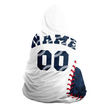 Load image into Gallery viewer, Personalized Baseball Hooded Blanket Blue &amp; White
