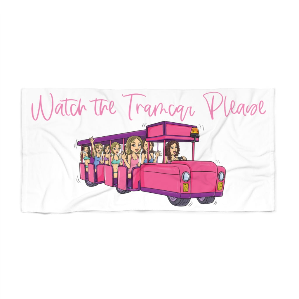 Pink Watch the Tramcar Please Beach Towel