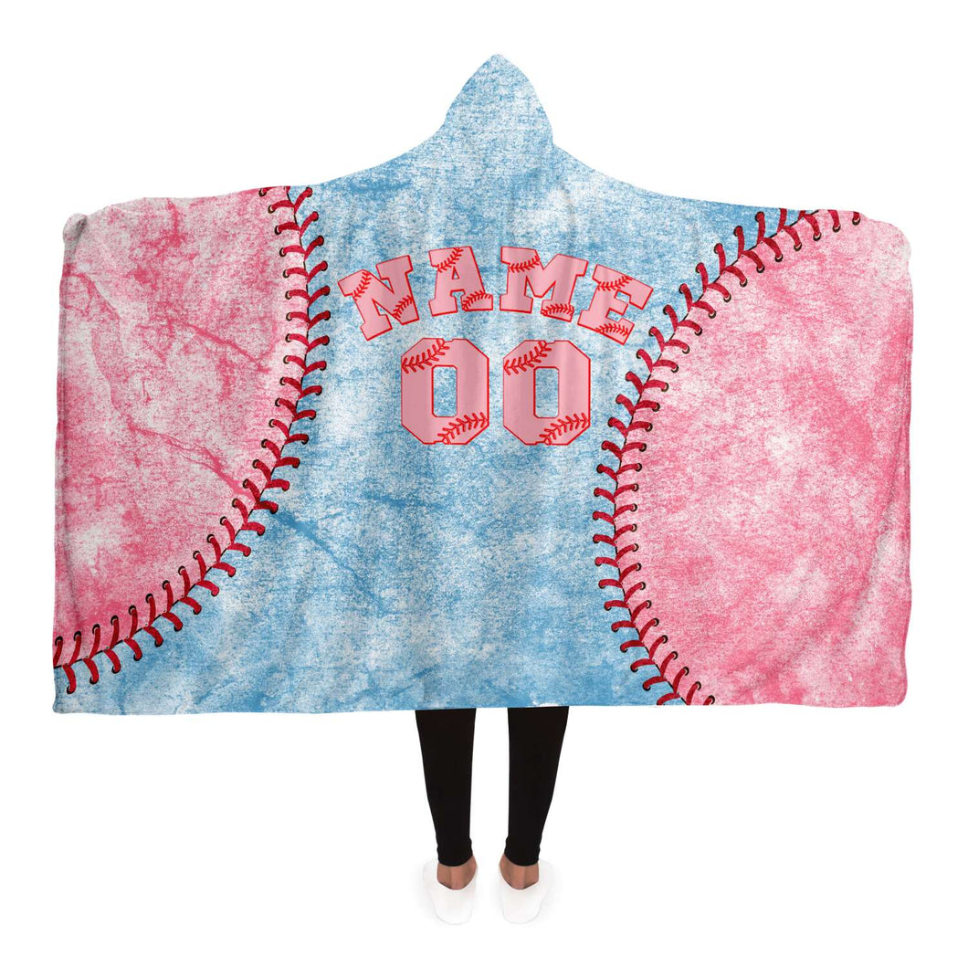 Personalized Baseball Hooded Blanket Pale Blue and Pink